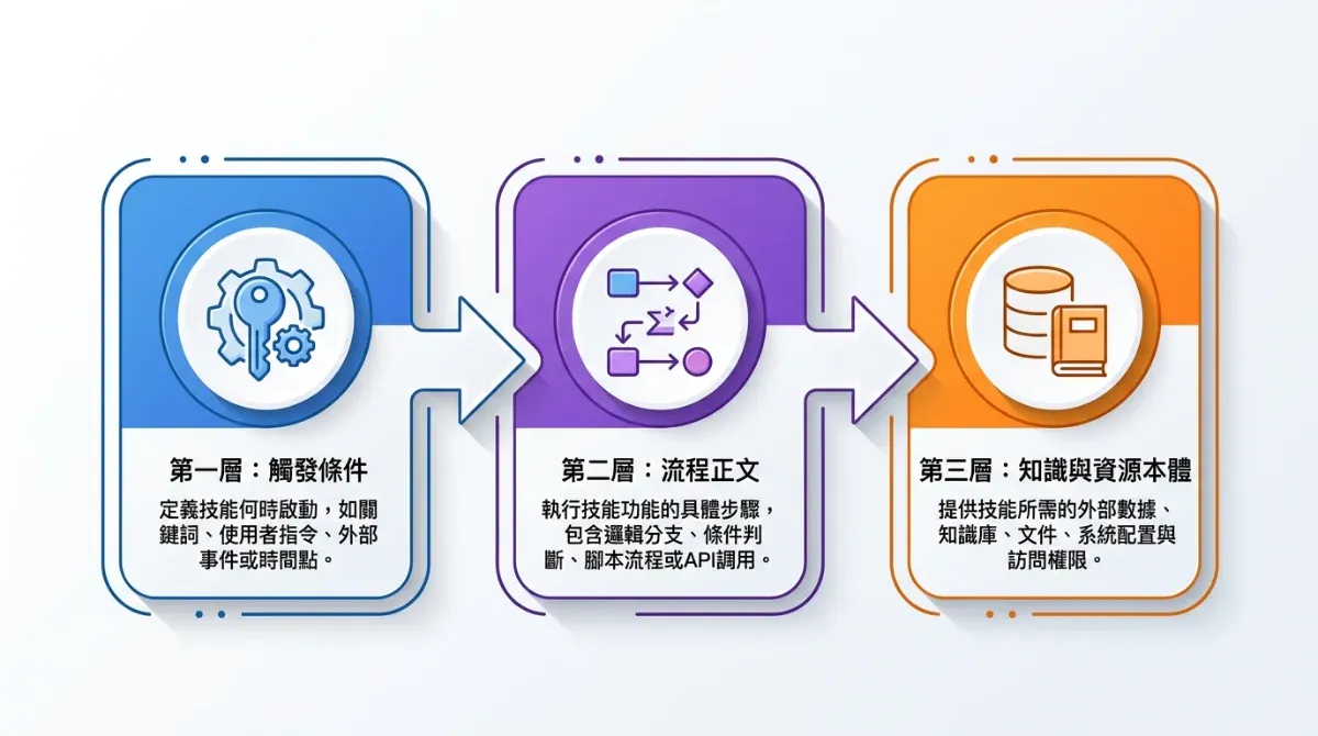 ChatGPT Skills 三層結構圖，包含觸發條件、流程正文與知識資源本體