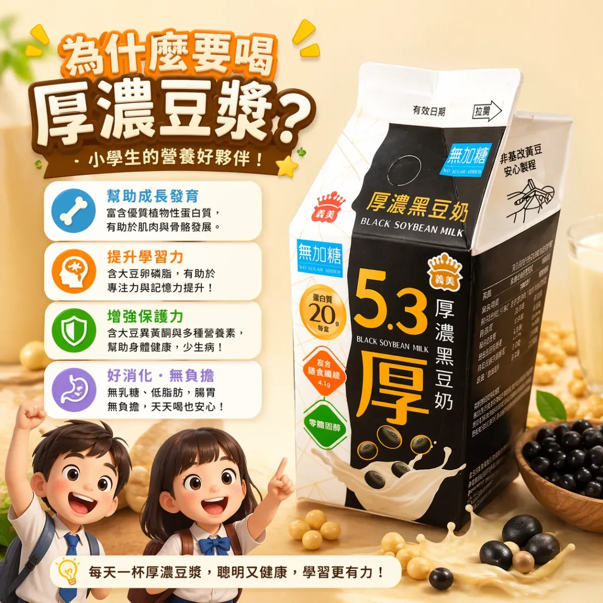 把照片中的這杯豆漿改成棚拍產品照升級廣告圖 1：1，我要對小學生介紹厚濃豆漿的好處