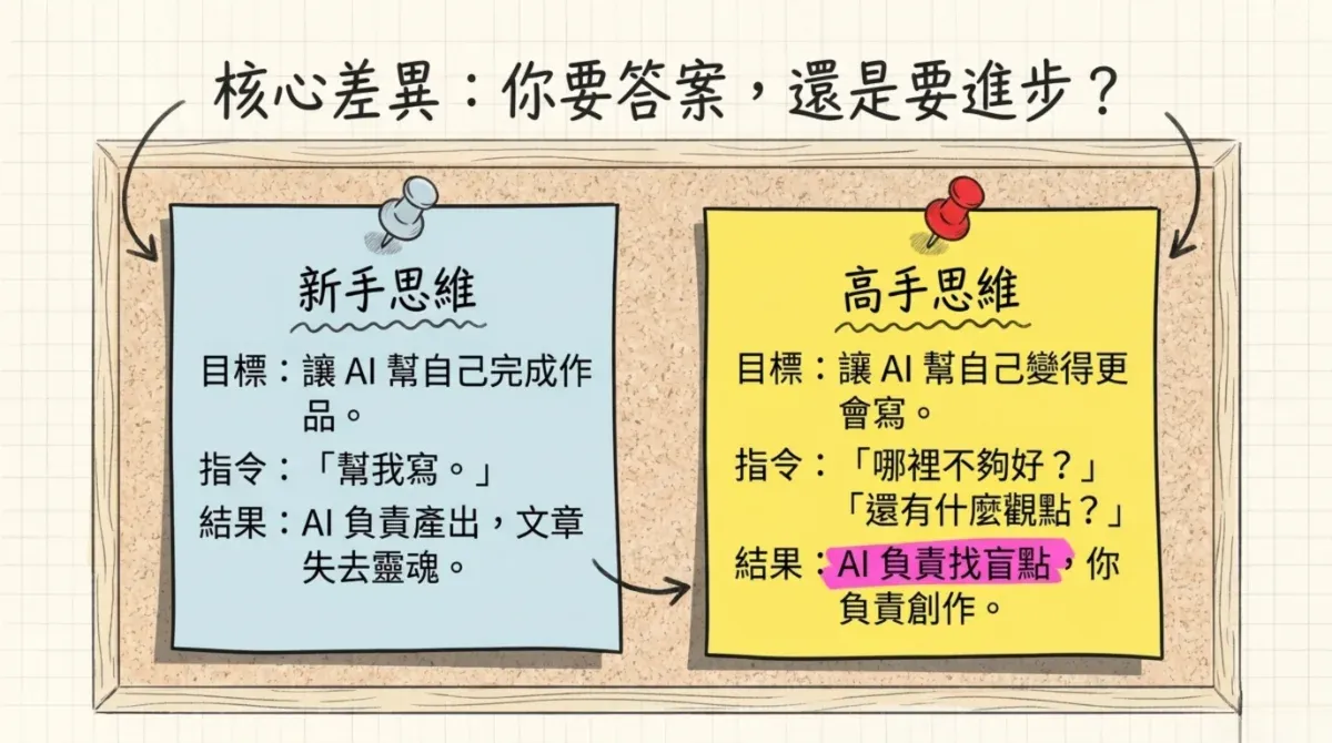 ChatGPT 寫作中新手與高手的差異，新手讓 AI 完成作品，高手讓 AI 幫自己變得更會寫