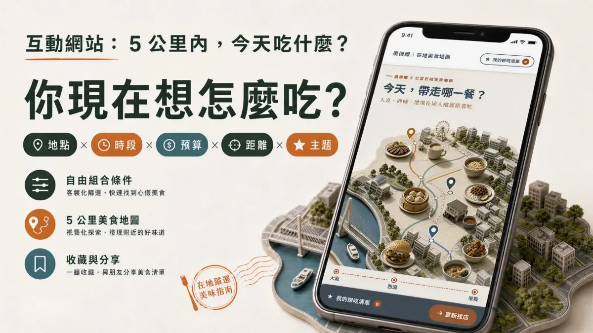AI 行銷應用實作，將大直、西湖、港墘美食內容整合成可依地點、時段、預算、距離與主題篩選的互動網站。